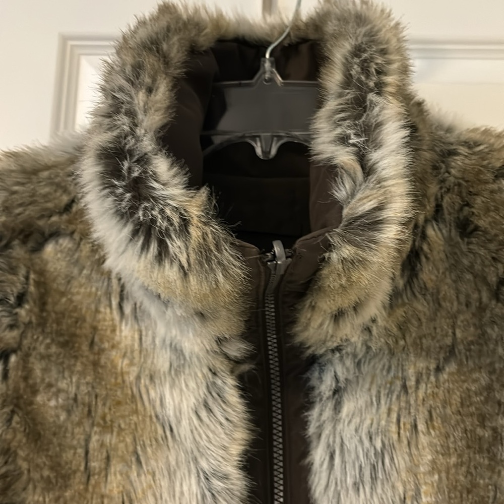 Weatherproof reversible faux fur and brown SZ L high funnel neck puffy gorpcore - Picture 6 of 16